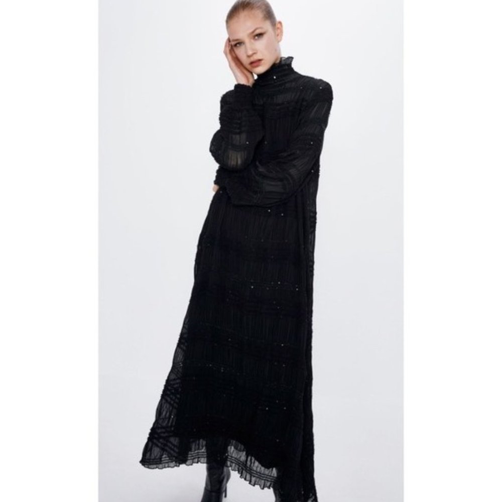 ZARA BLACK RUCHED SEQUIN HIGH NECK LONG SLEEVE MAXI DRESS S NWT - Picture 11 of 13